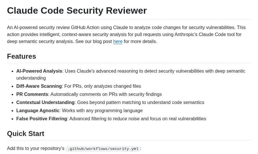Anthropic 開源專案 claude-code-security-review 的 README，說明它是用 Claude 分析程式碼變更的 GitHub Action，功能包括只掃描 PR 改動的檔案、在 PR 上留言、過濾誤報。