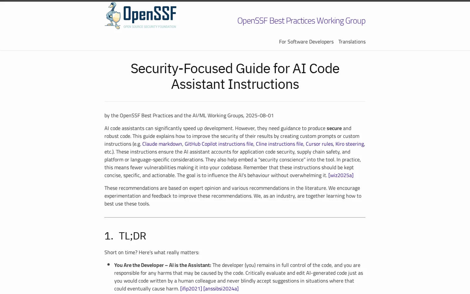 OpenSSF〈Security-Focused Guide for AI Code Assistant Instructions〉頁面截圖