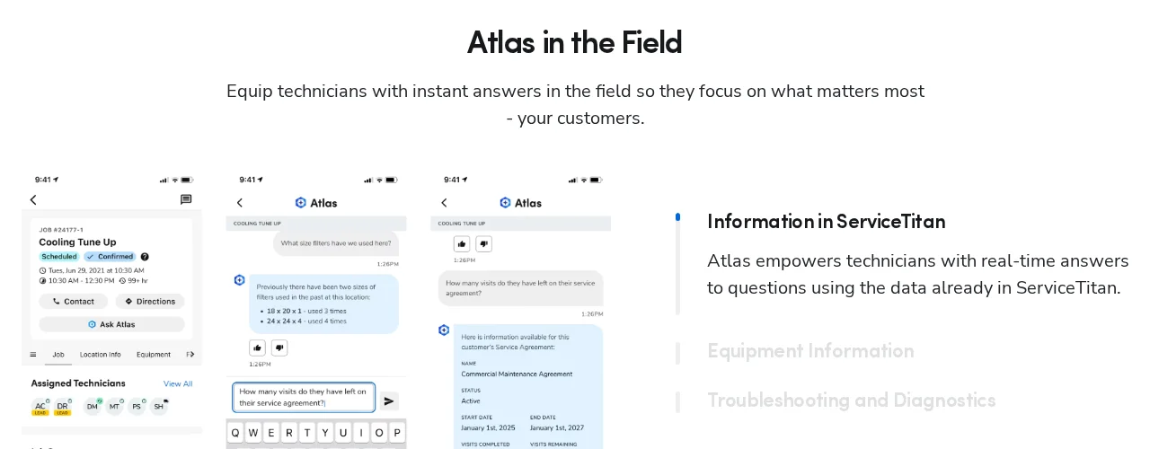 ServiceTitan Atlas 官方產品頁「Atlas in the Field」段落：技師在手機上問 Atlas 這個地點用過什麼尺寸的濾網、還剩幾次保養合約。