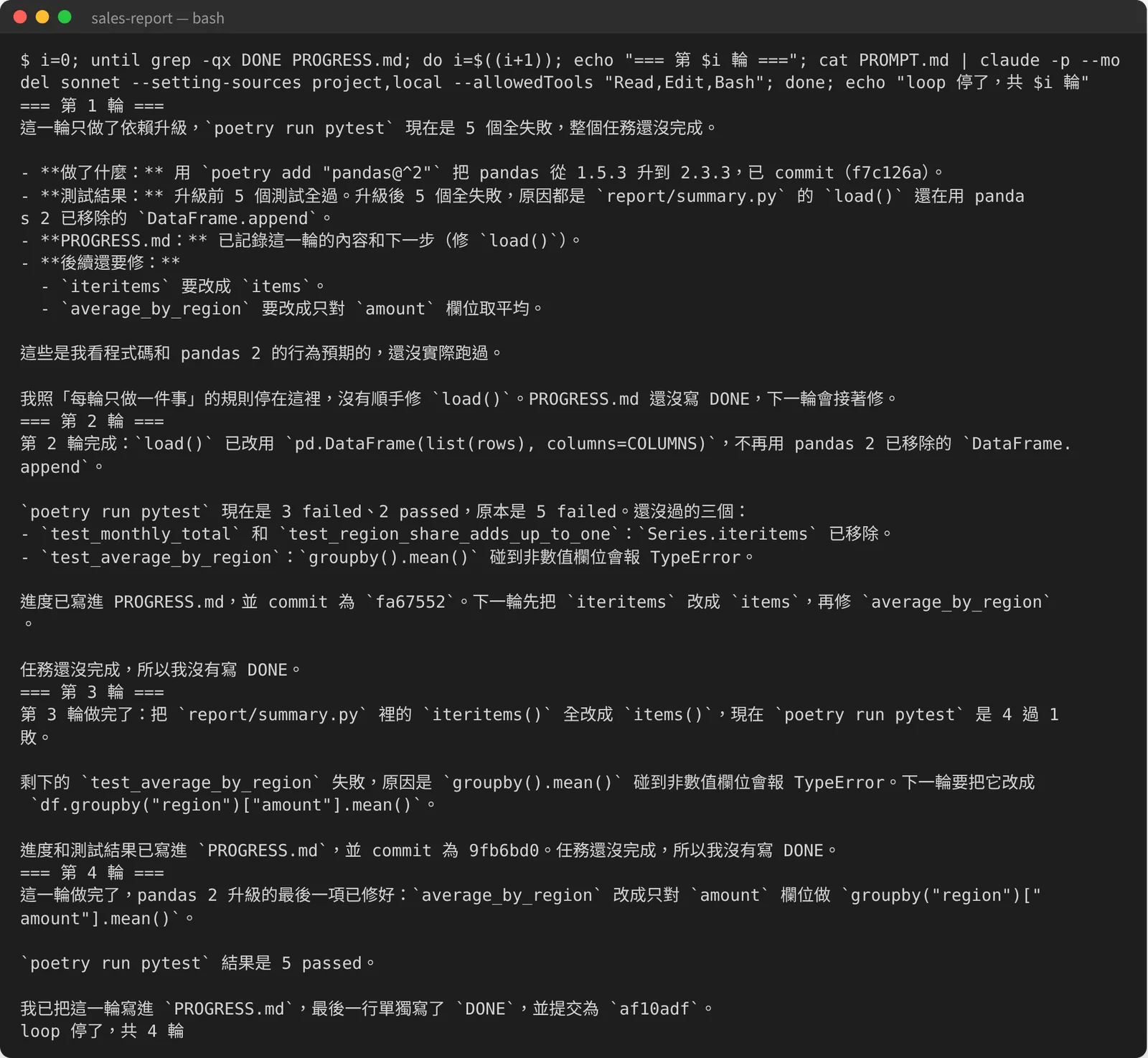 終端機畫面：第 1 輪只用 poetry add 把 pandas 升到 2.3.3 並 commit，5 個測試全失敗，原因是 DataFrame.append 已移除，後續要修 iteritems 和 average_by_region；它照「每輪只做一件事」停下，沒寫 DONE。第 2 輪把 load() 改成 pd.DataFrame(list(rows), columns=COLUMNS)，測試變成 3 failed、2 passed。第 3 輪把 iteritems 改成 items，4 過 1 敗。第 4 輪讓 average_by_region 只對 amount 取平均，5 passed，寫下 DONE。最後一行是「loop 停了，共 4 輪」。