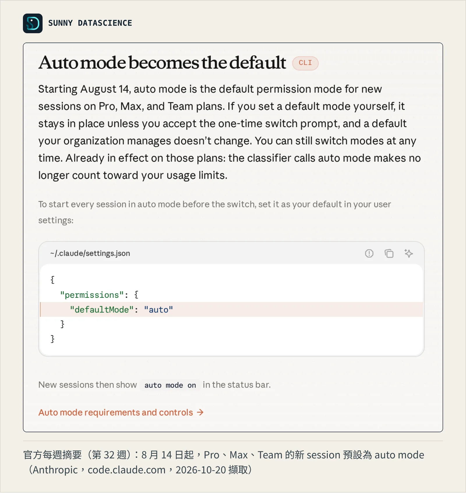 官方第 32 週摘要的「Auto mode becomes the default」卡片：8 月 14 日起 Pro、Max、Team 方案的新 session 預設為 auto mode，附 permissions.defaultMode 設為 auto 的設定範例