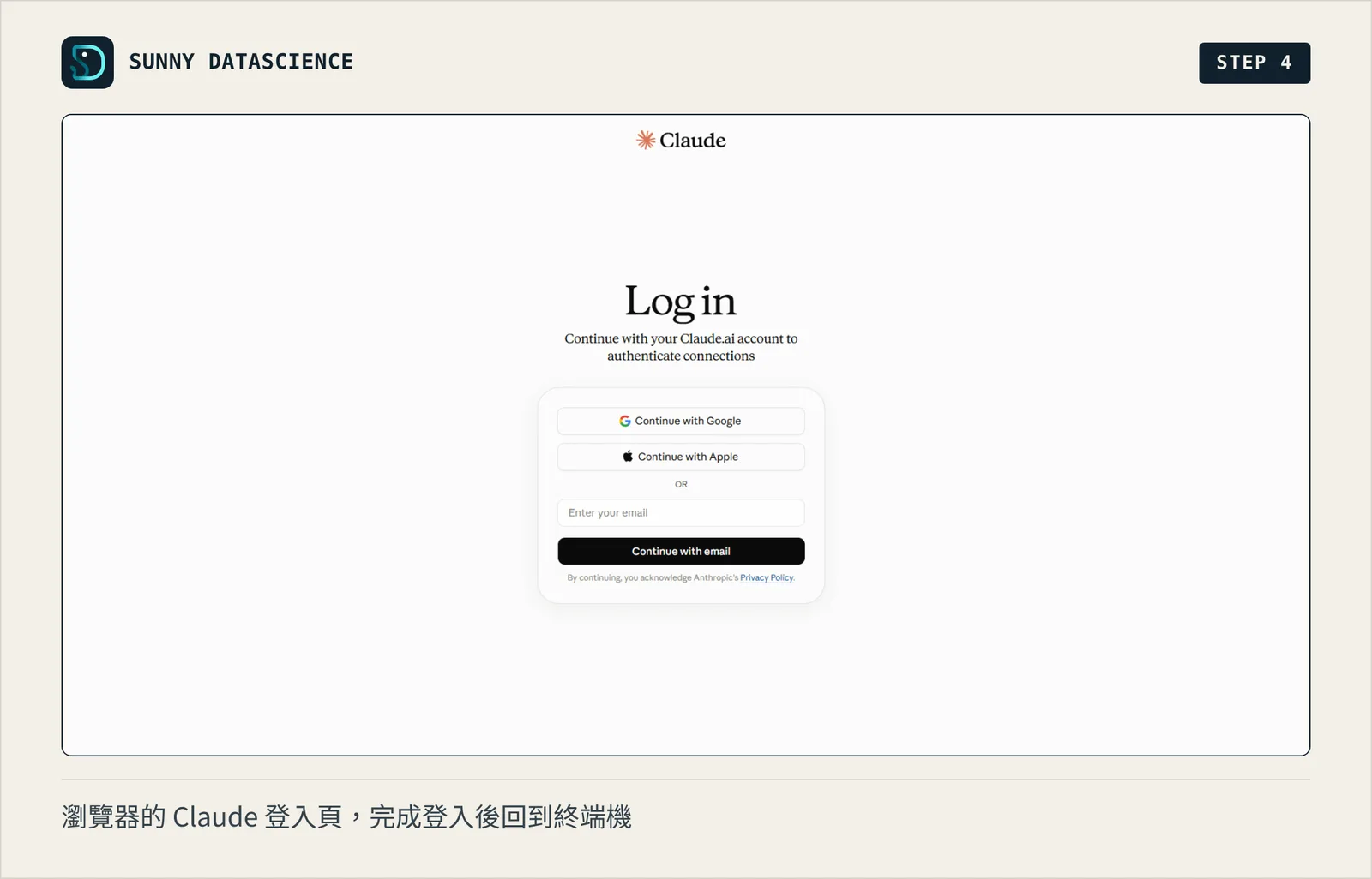 瀏覽器中的 Claude 登入頁，提供 Google、Apple 與電子郵件三種登入方式