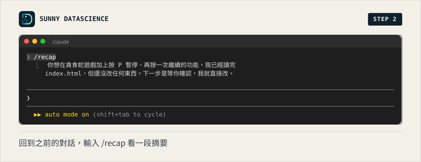 輸入 /recap 後，Claude Code 用兩行中文摘要上次做到哪裡：想加按 P 暫停的功能、已讀完 index.html 還沒改，狀態列顯示 auto mode on