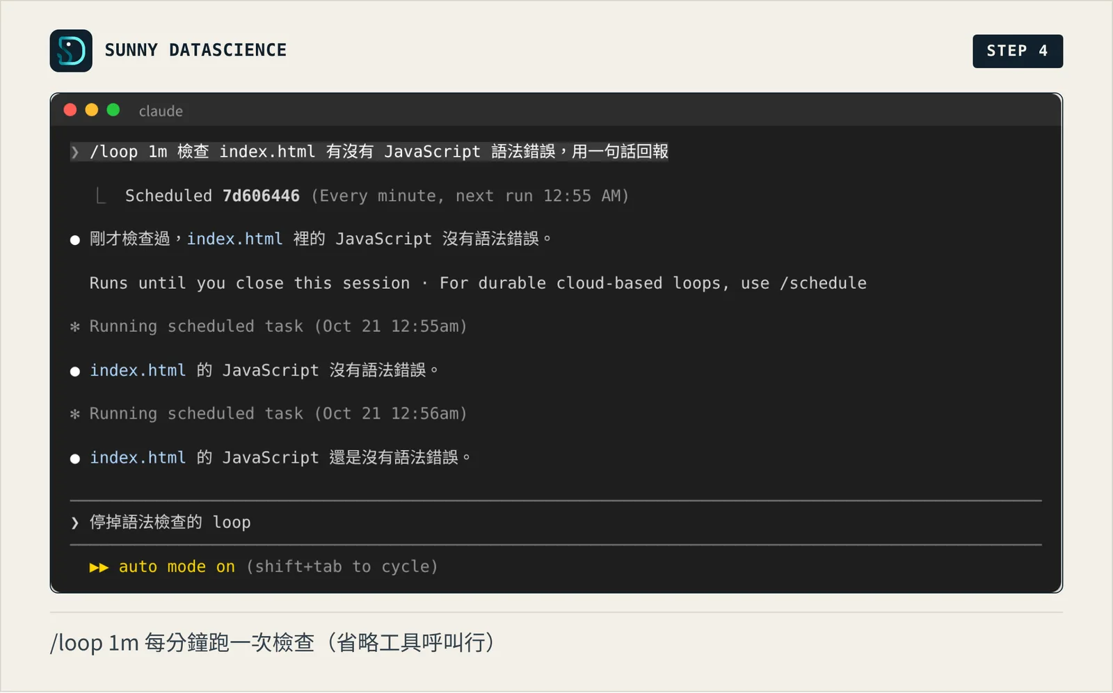 /loop 1m 設定後顯示 Scheduled（每分鐘一次），之後 12:55、12:56 各跑一次並回報沒有語法錯誤，輸入框出現灰色建議「停掉語法檢查的 loop」