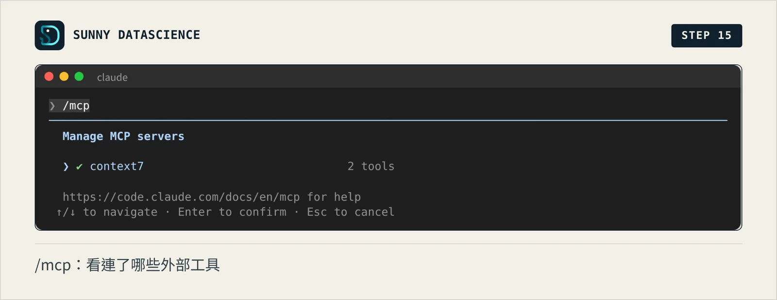 /mcp 畫面：Manage MCP servers 底下有一行打勾的 context7，旁邊寫 2 tools