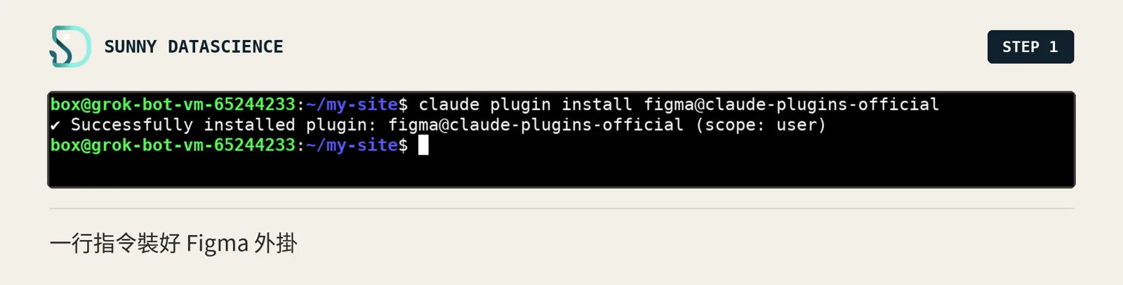 終端機執行 claude plugin install figma@claude-plugins-official，顯示 Successfully installed plugin