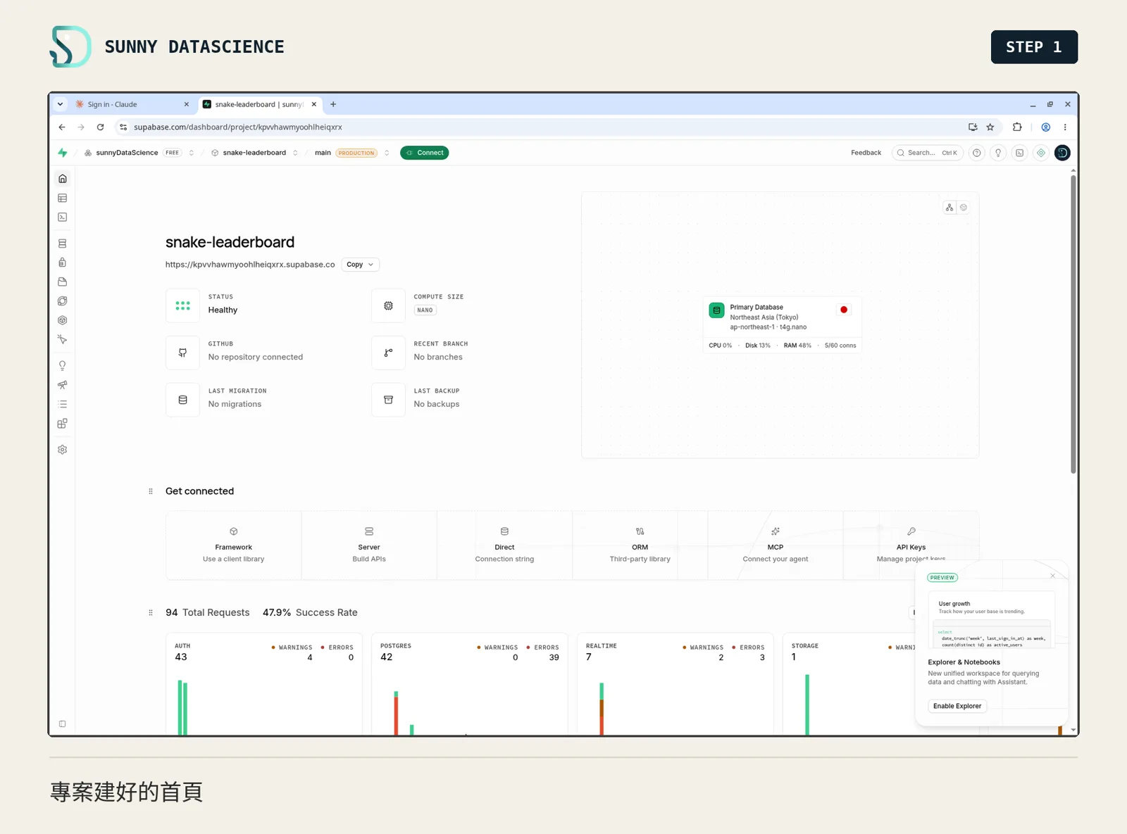 snake-leaderboard 專案首頁，狀態 Healthy