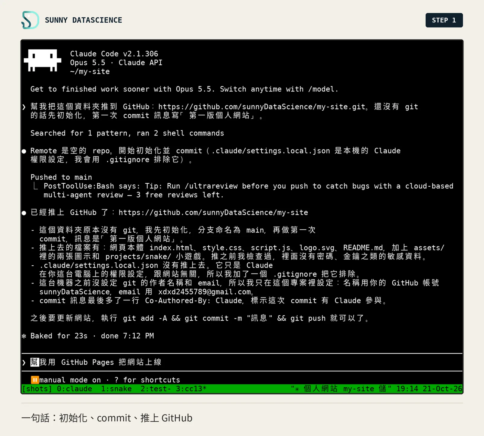 Claude Code 回報已推上 GitHub：初始化 git、分支 main、第一次 commit，排除 .claude/settings.local.json，設定了這個專案的 git 作者，Baked for 23s