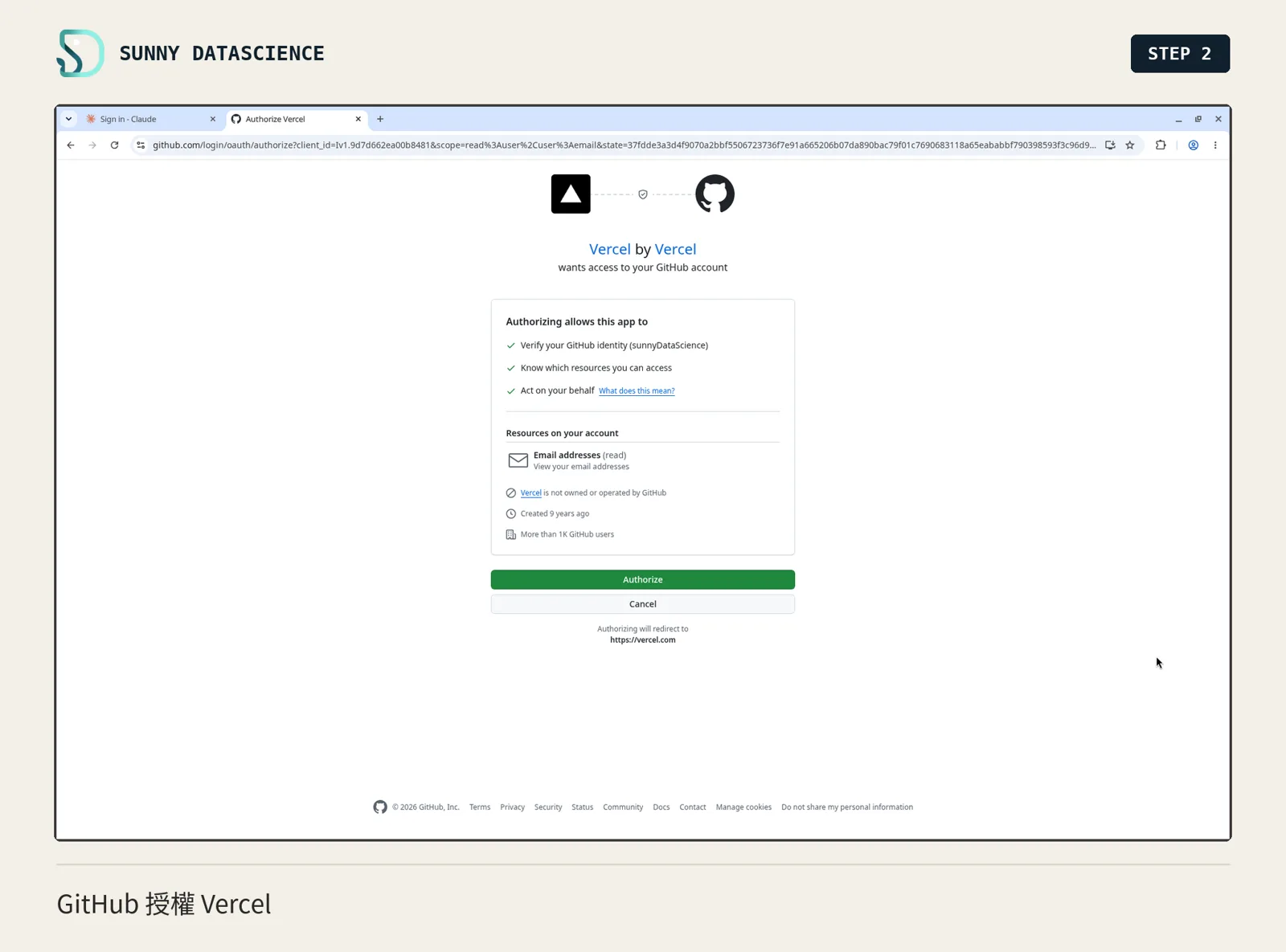 GitHub 的 Authorize Vercel 頁，列出 Vercel 要的權限，下方綠色 Authorize 按鈕