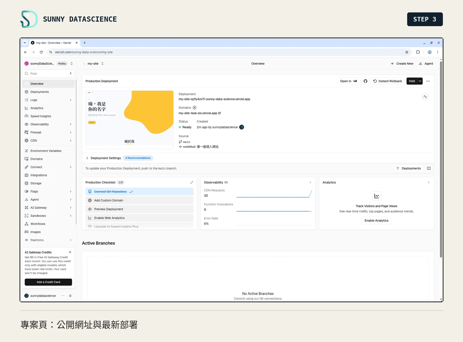 Vercel 專案頁 Production Deployment：網站預覽、Domains 顯示 my-site-xxx.vercel.app、狀態 Ready