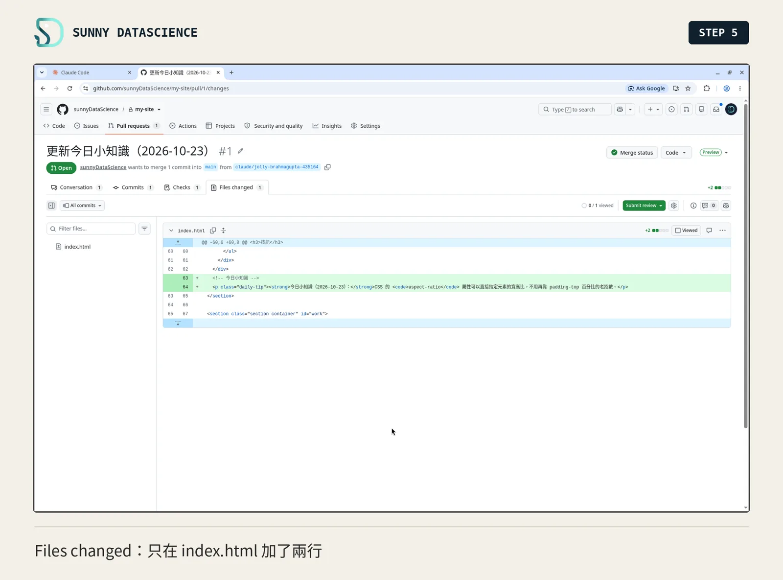 Files changed：index.html 只多了兩行，一行註解和一個 daily-tip 段落