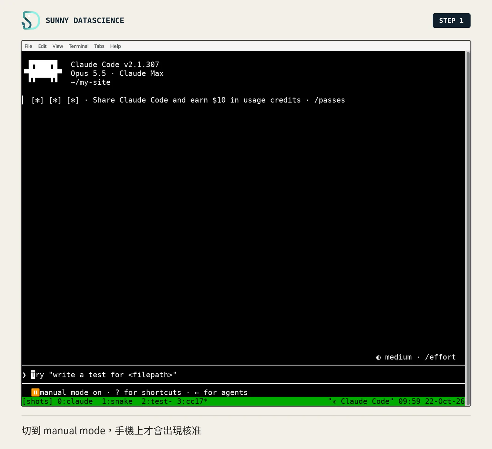 Claude Code 2.1.307 的啟動畫面，狀態列顯示 manual mode on