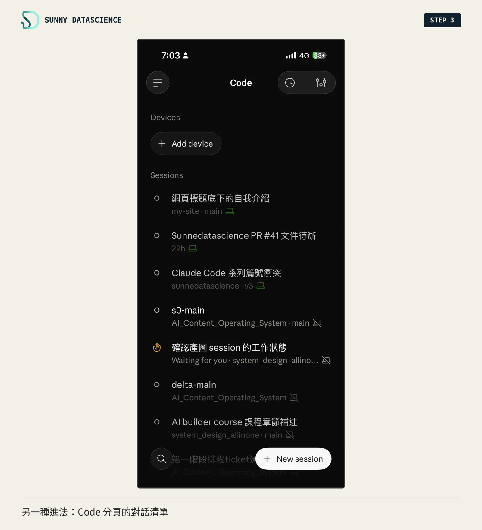 Claude App 的 Code 分頁，Sessions 清單列出多個對話，其中一個是 my-site 的對話