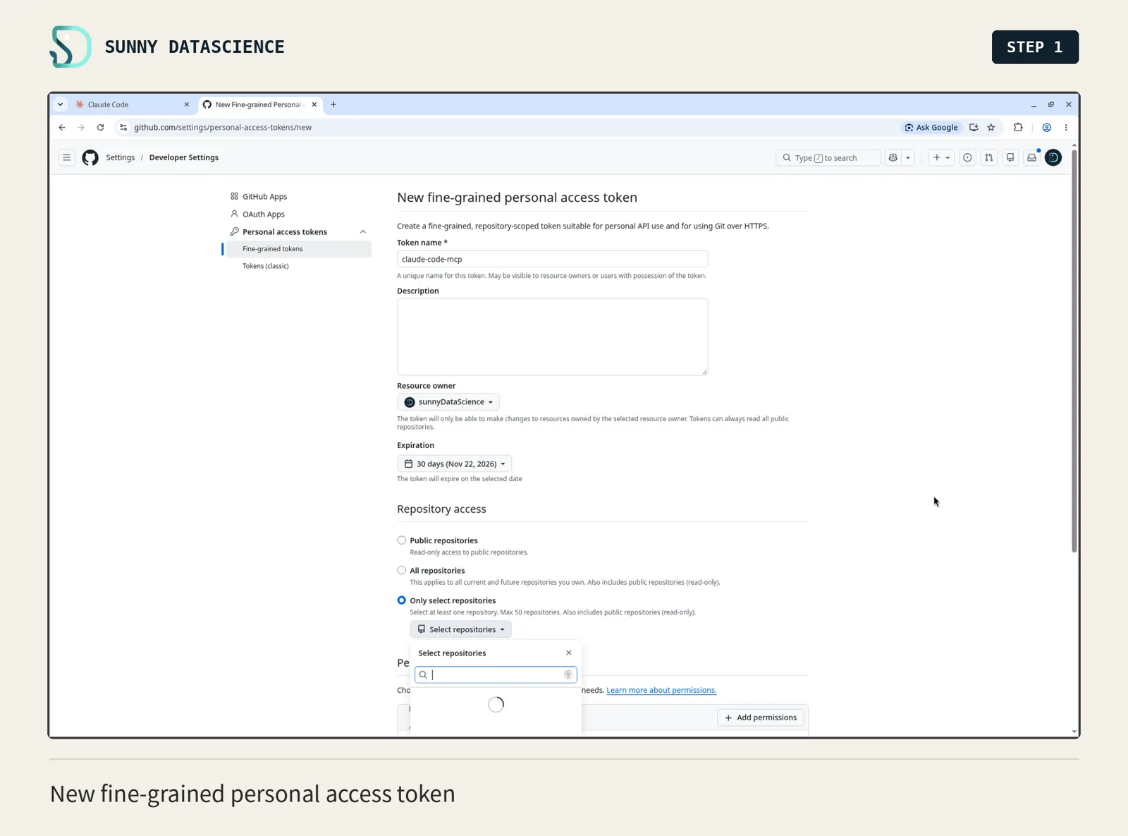 New fine-grained personal access token 表單：Token name、Description、Resource owner、Expiration、Repository access