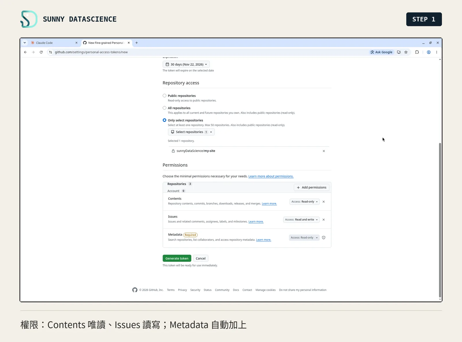 Permissions：Contents Read-only、Issues Read and write、Metadata Required Read-only，下方是 Generate token 按鈕