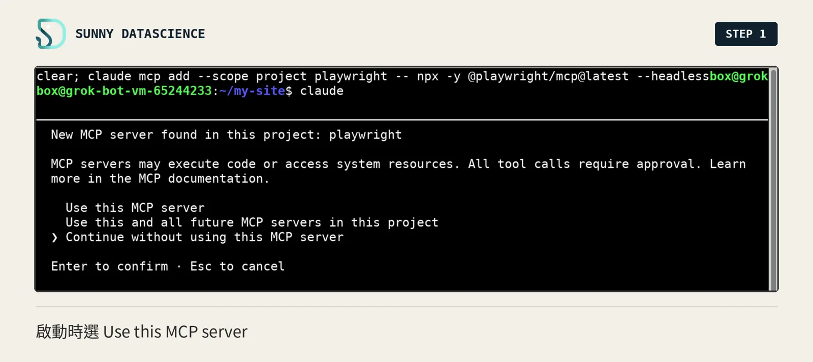 Claude Code 啟動時顯示 New MCP server found in this project: playwright，選項有 Use this MCP server、Use this and all future MCP servers in this project、Continue without using this MCP server