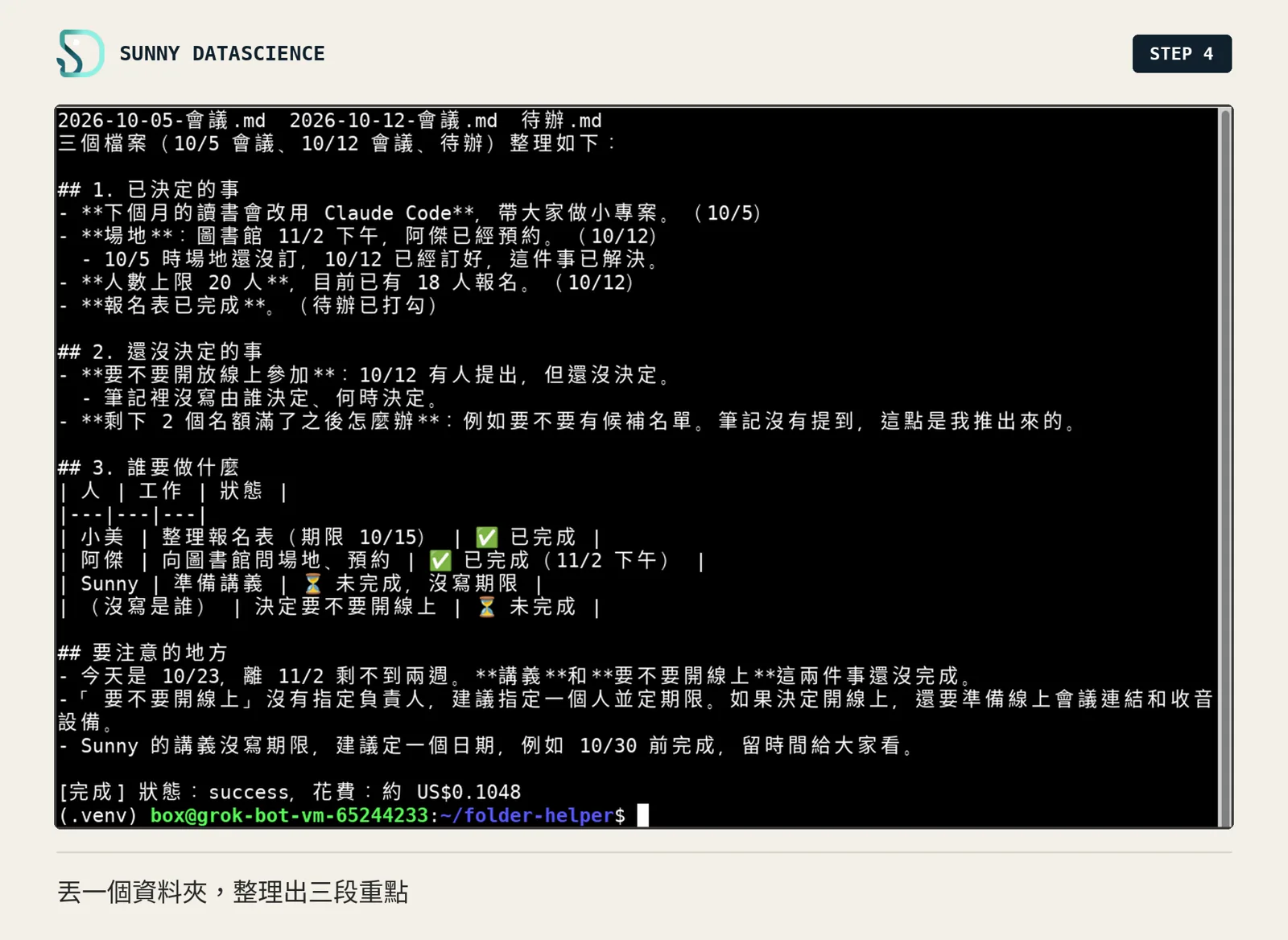 執行 python summarize.py notes：先列出三個筆記檔，接著印出已決定的事、還沒決定的事、誰要做什麼的表格和要注意的地方，最後一行是完成，狀態 success，花費約 US$0.1048
