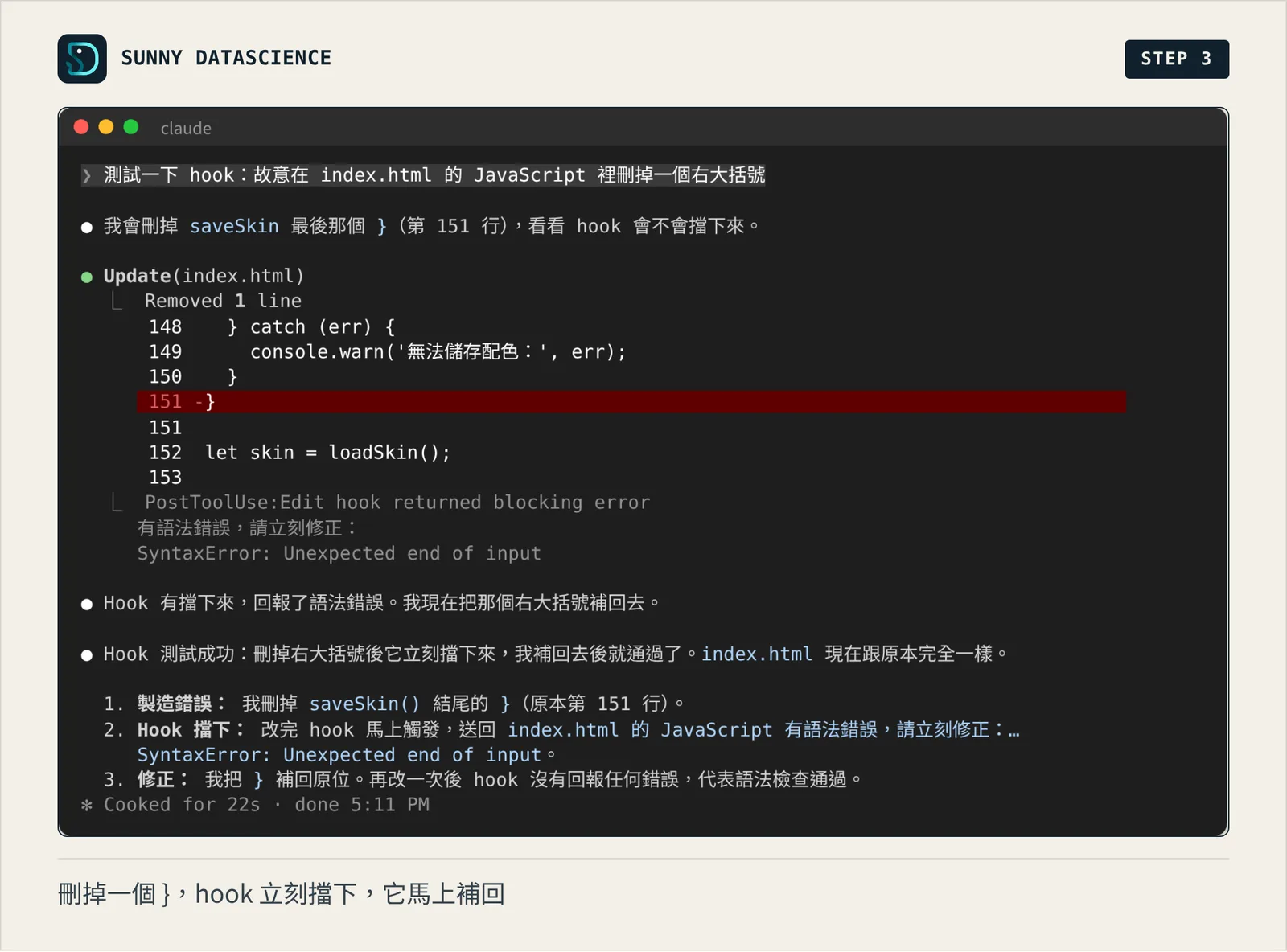 Claude 刪掉 index.html 第 151 行的右大括號，下面出現 PostToolUse:Edit hook returned blocking error 和 SyntaxError: Unexpected end of input，Claude 接著把括號補回，說明 hook 測試成功