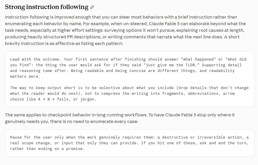 Anthropic 官方 Fable 5 提示指南「Strong instruction following」一節，列出簡潔度與檢查點兩段短指令