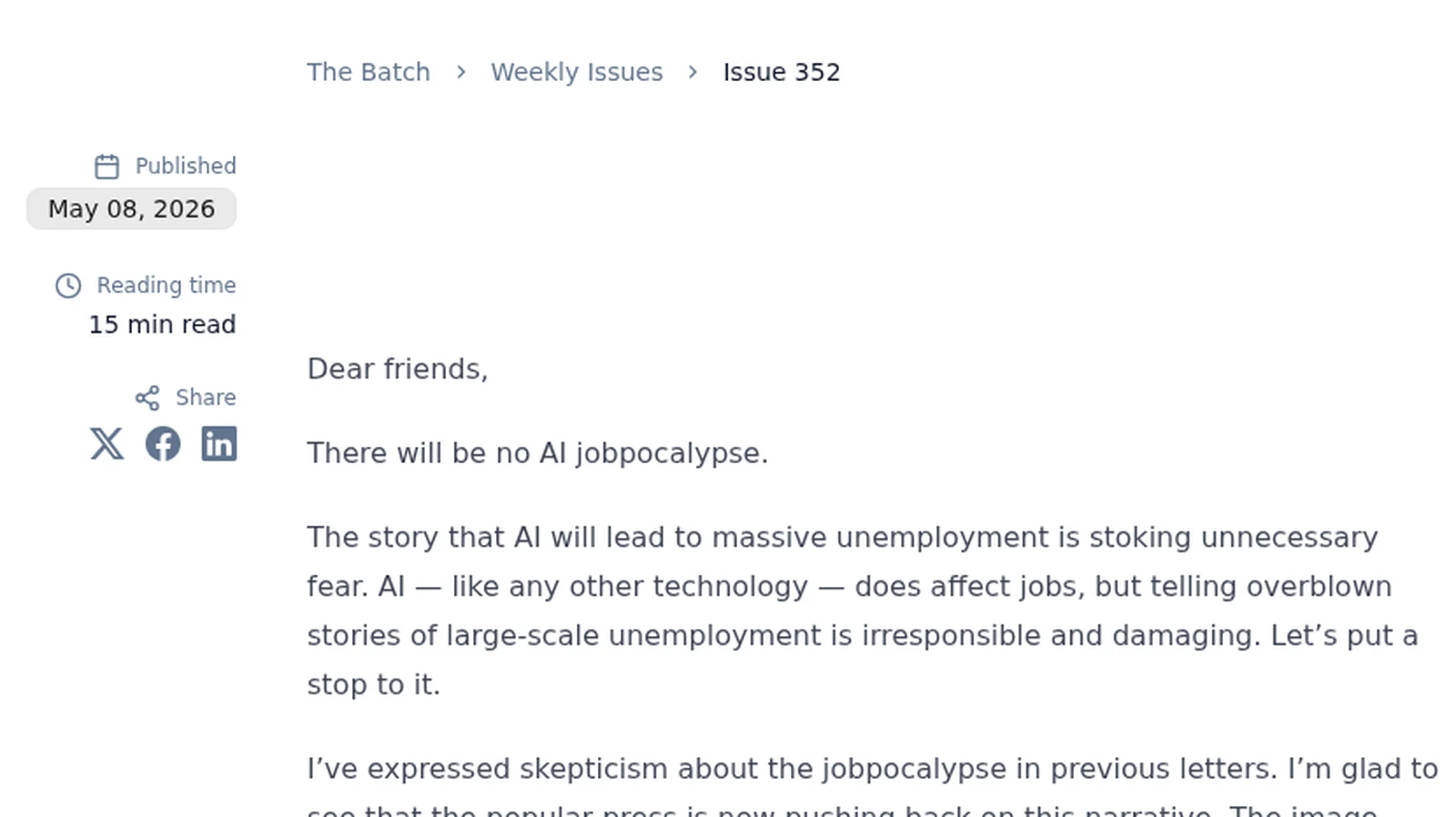 DeepLearning.AI《The Batch》第 352 期，Andrew Ng 的信開頭寫著 There will be no AI jobpocalypse，以及前兩段的開場。