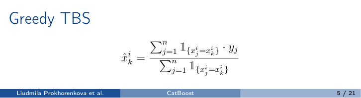 CatBoost原簡報的Greedy TBS公式，對同類別的所有目標取平均