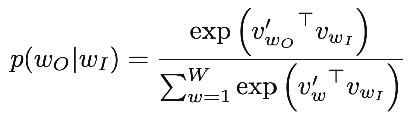 TensorFlow 的完整詞彙 softmax 公式，分母對所有詞彙的指數點積加總