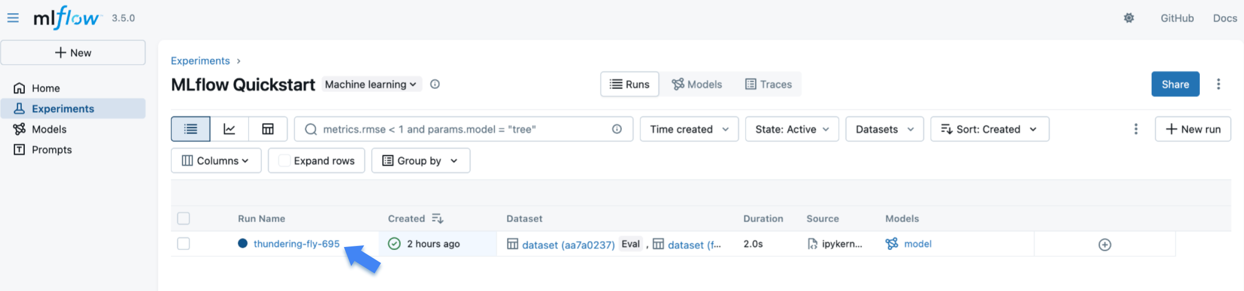 MLflow Quickstart experiment 中的一筆 run 紀錄