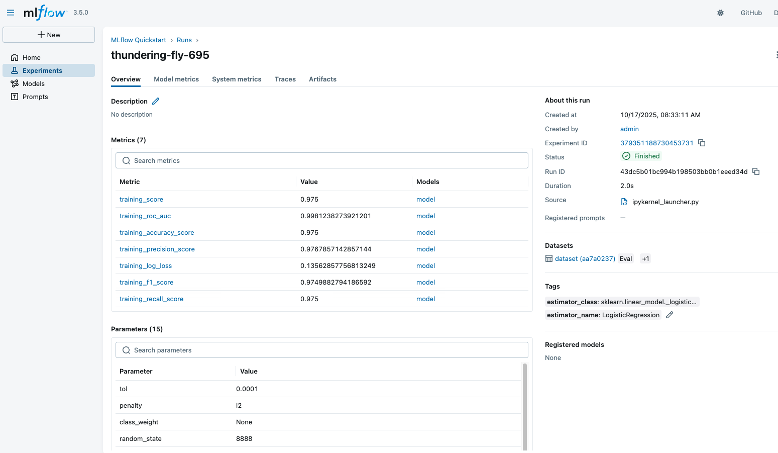 MLflow 原範例 run 詳情中的 training metrics 與 parameters